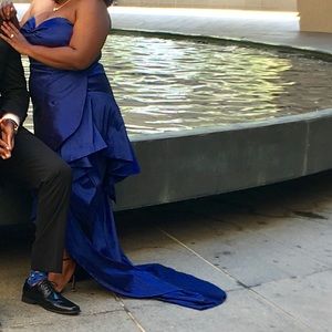 Custom blue satin wrap dress